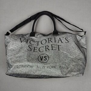 Victorias Secret Extra Large Tote Beach Bag Black Silver Glitter 26"Wide BIG